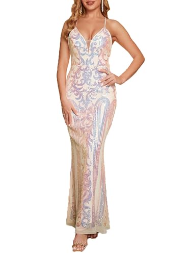 Angel-Fashions Robe de soirée Longue avec col en V et Paillettes pour Femme, Multicolore, 44