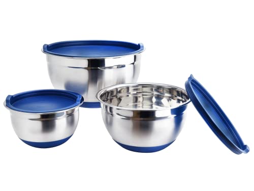 ARC Stackable Stainless Steel Mixing Bowl with Airtight Lids Set of 3, Kitchen Mixing Bowl for Baking, Metal Mixing Bowls with Non-Slip Silicone Bottom, Cooking bowls for kitchen Prep.