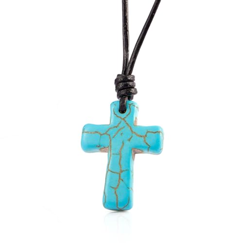 Wolentty Stone Cross Pendant Adjustable Leather Necklace Gift for Men Women