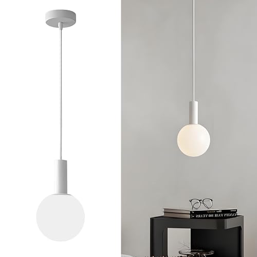 HJXDtech Lámpara Colgante de Techo con 15cm Globo de Vidrio Blanco - Luz LED E14 Regulable de 3 Colores, Altura Ajustable,Moderna Iluminación para Comedor, Dormitorio y Salón (Blanco)