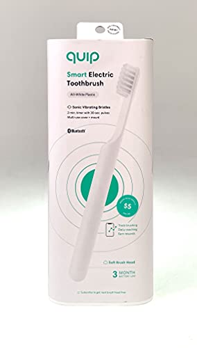 quip Adult Smart Electric Toothbrush - Sonic Toothbrush with Bluetooth & Rewards App, Travel Cover & Mirror Mount, Soft Bristles, Timer, and Plastic Handle - All-White