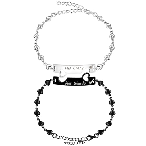 Image of 2 Couple Bracelets for men women, Love /Koi Fish /Gossip Jigsaw Puzzle Stainless Steel Heart-shaped Chain Adjustable Bracelet for Boyfriend Girlfriend Valentine's Day Gift Jewelry