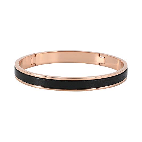 Jagucho Jewelry Stainless Steel Bangle Bracelets for Women and Men Buckle Cuff Bangle with Leather Couples Friendship Bracelets(Wide: 8MM) (Rose gold-Black)