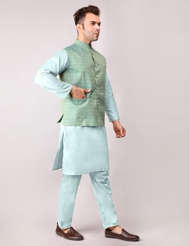 Image of Men's Cotton Silk Blend Regular Kurta Pyjama, Embroidered Nehru Jacket /Waistcoat Set