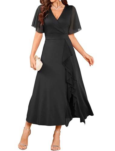 Amazon.com: ZAFUL Black Womens Semi Formal Wedding Guest Dresses Mother of  Bride Dresses Split Ruffle V Neck Flared Sleeve Evening Dress 2026 S :  Clothing, Shoes & Jewelry