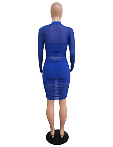 Image of Lrady Women Sexy Bodycon Dresses See-Through Sheer Mesh Ruched Bodycon Party Club Night Dress 3 Piece Outfits with Vest Shorts, Blue, XX-Large