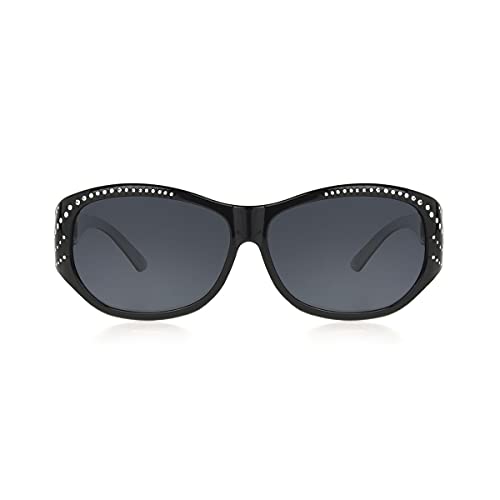 Solar Shield fits over sunglasses Natalie with Rhinestone, Black oval frame, Smoke lenses - EX-Large, 62 mm2