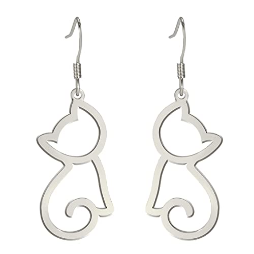 Boucles D'oreilles Chat pour Femmes et Filles en Acier Inoxydable Style Creux Mignon Breloque Chat Ouvert Boucles D'oreilles Crochet Bijoux Cadeaux pour les...