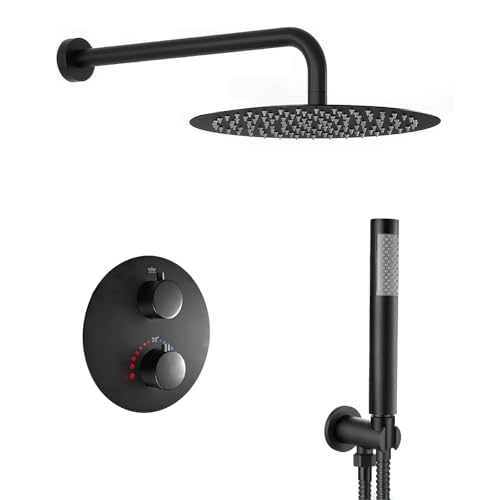 SaniteModar Douche Encastrée avec Mitigeur Thermostatique | Colonne de Douche Encastrée avec Pomme de Pluie 25cm et Douchette | Noir Mat