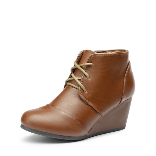 DREAM PAIRS Women's Wedge Boots Casual Fashion Lace Up Low Heel Ankle Booties Shoes 6.5 Tan/Pu