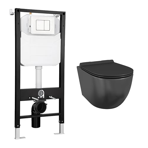 Eridanus Wall Hung Toilet with Tank, 2x6 In-Wall Toilet Tank Carrier, Wall Mounted Toilet Combo Set, Dual-Flush Plate Included, Floating Bowl With Soft-Close Seat, Matte Black, 2 Separate Packages