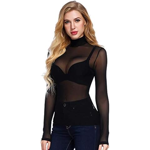 Kyerivs Women's Mesh Tops Long Sleeve See Through Sheer Blouse Black Sexy Clubwear Shirts Cover