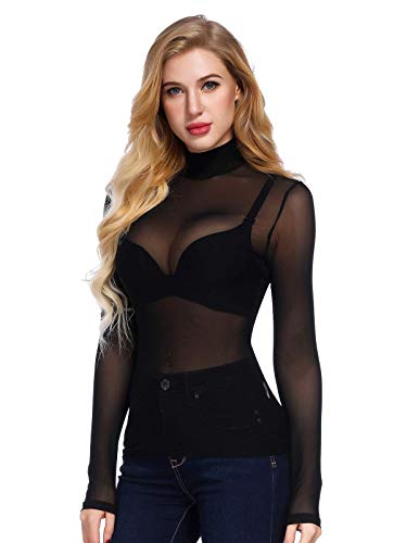 Kyerivs Women's Mesh Tops Long Sleeve Sexy Tops See Through Sheer Blouses (High Neck, M)