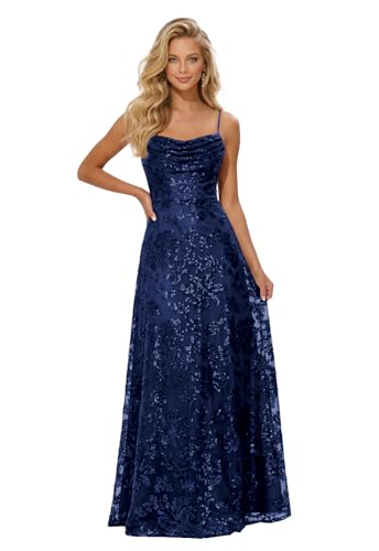 IMCACTOR 2026 Navy Blue Sequin Formal Dresses for Women Glitter Lace Pleated Cowl Neck A-Line Long Cocktail Party Gowns Size 6