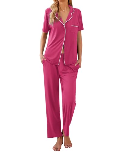 Image of Ekouaer Womens Pajamas Set Short Sleeve Button Down Top & Pants Lounge Pjs | Soft Sleepwear with long pants, ideal for Home relaxation, Wedding, Party, Daily Wear & Breastfeeding