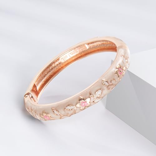 UJOY Vintage Jewelry Cloisonne Handcrafted Flower Enameled Gorgeous Rhinestone Gold Hinged Cuff Bracelet Bangles Gifts 88A104