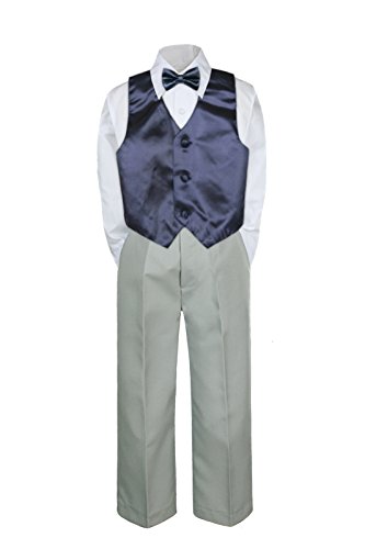 4pc Formal Baby Toddler Boy Navy Blue Vest Bow Tie Silver Pants S-7 (4T)