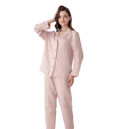 Simple&Opulence Women's 100% Linen Pajama Set Soft Shirt and Pants 2 Pieces Loungewear Slim Fit Soft and Breathable S-L2