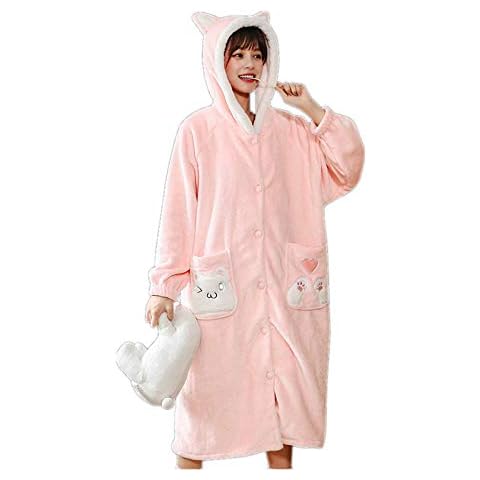 VBHJK Women Winter Fleece Bathrobe,Pink Padded Flannel Hooded Cat Ear Button Pocket Cute Ladies Long Bathrobe Soft Housecoat Super Warm Loose Nightwear Perfect Loungewear Long Robe,L Cover