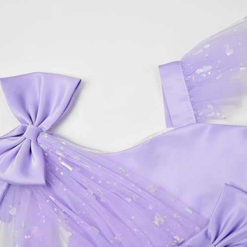 JerrisApparel Girls Ruffle Sleeves Dress Bowknot Party Dress Tulle Skirt One-Shoulder Design Pageant Gown3
