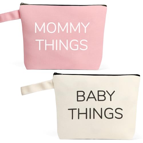 Image of New Mom Gifts, 2PCS Mommy and Baby Canvas Pouch Set, Baby Shower Gifts for Mom To Be, Gift For Expecting Mother Keepsake Bag, New Mothers and Baby Essentials Stuff, Neutral Makeup Bag Gift Set