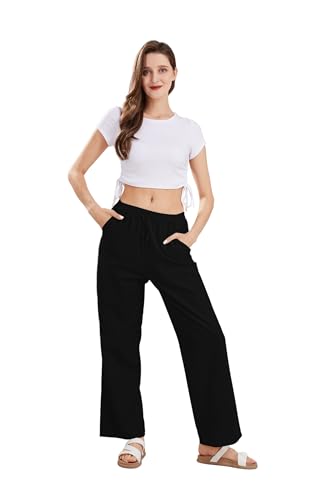 Image of CHARTOU Women's Summer Drawstring Waist Wide Leg Loose Cotton Linen Palazzo Pants