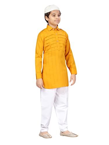 Image of Aarika Boys Yellow-White Color Pathani Kurta Pyjama with Cap Set (C PS-JK-102-YELLOW-WHITE-4)