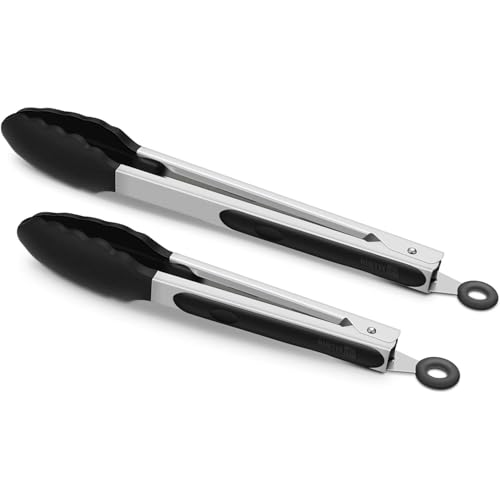2 Pack Black Kitchen Tongs, Premium Silicone BPA Free Non-Stick Stainless Steel BBQ Cooking Grilling Locking Food Tongs, 9-Inch & 12-Inch