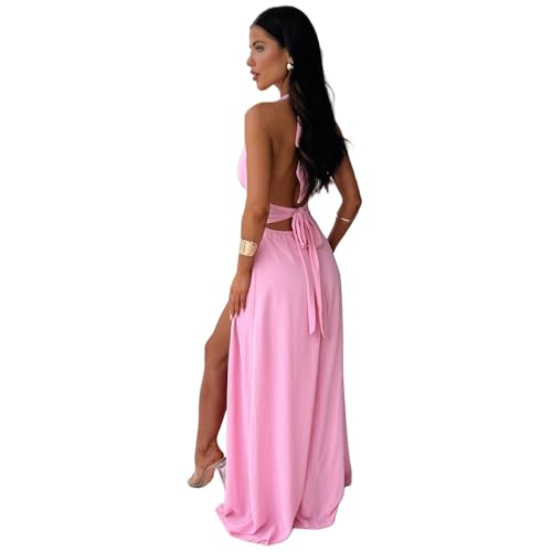 Image of ANKOMINA Women's Sexy V Neck Halter Backless Maxi Dress Ruched High Split Long Bodycon Dresses for Party Cocktail Evening