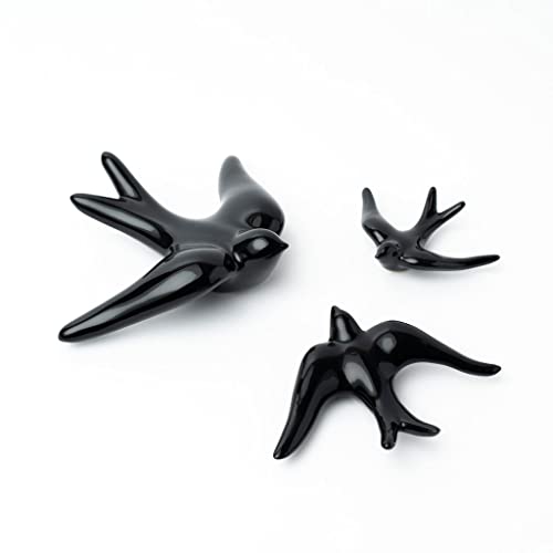 Set de 3 Golondrinas de Cerámica para decoración de pared y del hogar. Adornos Colgantes Hechos a Mano con Ceramica. Pack de golondrinas decorativas pared en color negro