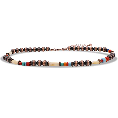 Western Style Faux Navajo Pearl Bead Turquoise Wooden Bead Necklace 16 Inch (Copper Tone/Multicolor) #TOP10