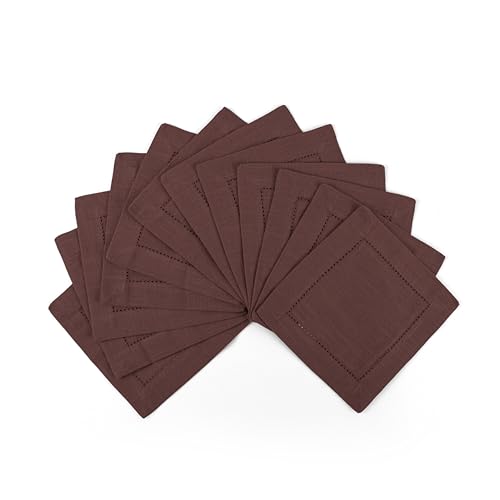 Image of Fingercraft Cotton Cocktail Napkins 6x6 Inches - Set of 12 Reusable Cloth Beverage Coasters with Elegant Ladder Hemstitch - Perfect for Parties, Bars & Home Use (Chocolate Slub)
