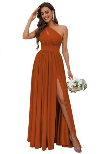 One Shoulder Chiffon Bridesmaid Dresses for Wedding Long Pleated Evening Gown with Slit
