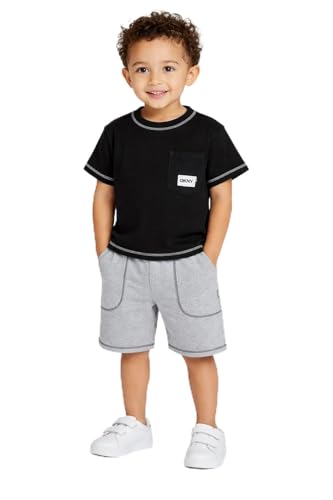 Image of DKNY Toddler Boys Short Sets - 2 Piece Knitted Crewneck T Shirt & Matching Fleece Toddler Shorts for Toddlers and Baby Boys