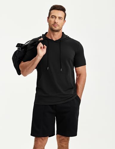 JMIERR Mens Short Sleeve Hoodie Cotton Hooded T-shirts Lightweight Solid Tops with Pocket - Image 6