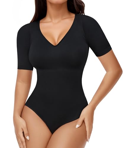 Eleady Short Sleeves Bodysuits for Women V Neck Bodysuit Shapewear Tummy Control Ribbed