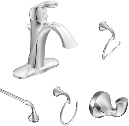 Moen Eva Chrome Bathroom Set - 6400 Single Handle Faucet with Deckplate, 24-Inch Towel Bar, Hand Towel Ring, Paper Holder, and Robe Hook