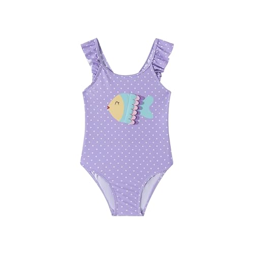 Image of LIZENS Girls' Swimwear one Piece Ruffle Beach Bathing Suit for Girls Fish Toddler Cute Dots Kids Purple Swimsuit