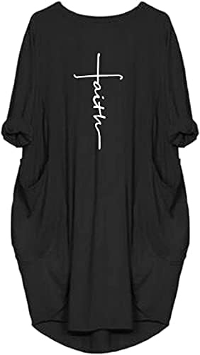AIMOS Women’s Faith Oversize Baggy T Shirt Causal Long Sleeve Loose Tunic Dress with Pockets