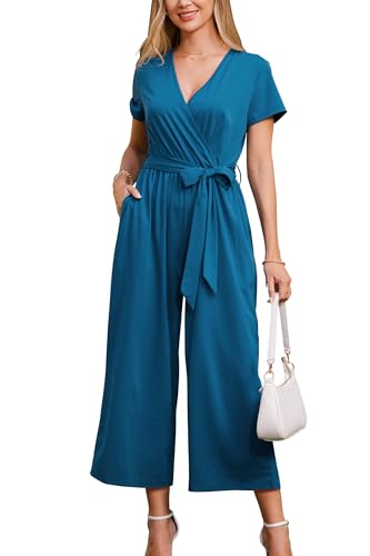 OUGES Jumpsuit Damen Sommer Elegant Overall Lang Playsuit Kurzarm Casual Hosenanzug mit Taschen(Dunkelblau,XL)