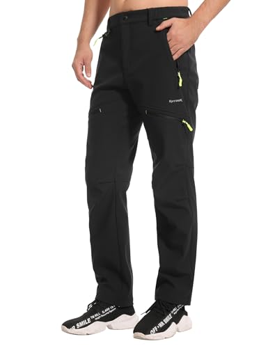 KUTOOK Pantalon Trekking Hombre Softshell Invierno Impermeable Térmico Forro Polar Cálido Pantalones de Esquí Goretex Trabajo Nieve Negro XL
