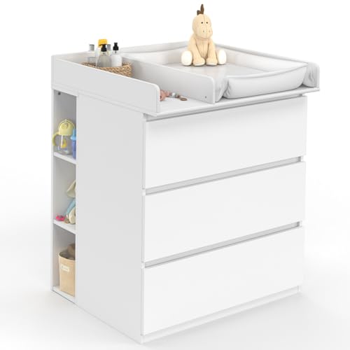 IDMarket - Commode à Langer évolutive Ambre Blanc 3 tiroirs Table à Langer et 2 étagères Amovibles