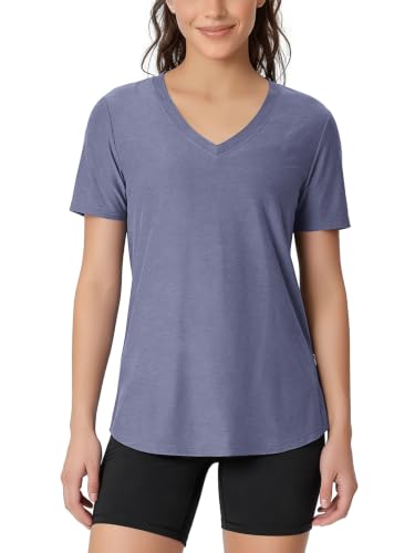 Image of ODODOS Women's Short Sleeve Performance V-Neck Tunic Tops, Ultra Soft odSTRATUM Tech Tee, Side Slit Relaxed T-Shirts