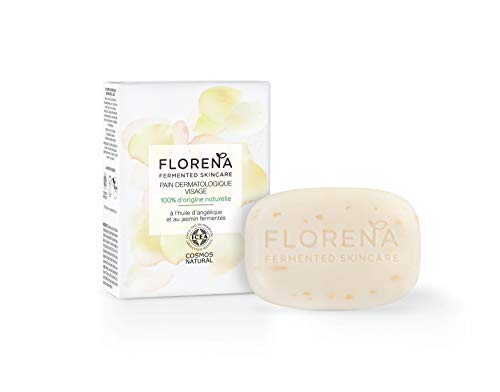 FLORENA Pain Dermatologique Visage à l’Huile d’Angélique & au Jasmin fermentés (1x90g), nettoyant visage sans savon 100% d’ingrédients d’origine naturelle, soin visage anti-impuretés
