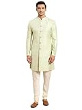 KISAH Sherwani Churidar Herren-Set, grüne Seidenmischung, Jacquard, lange Ärmel, normale Passform, Mandarinenkragen, Grün , 44
