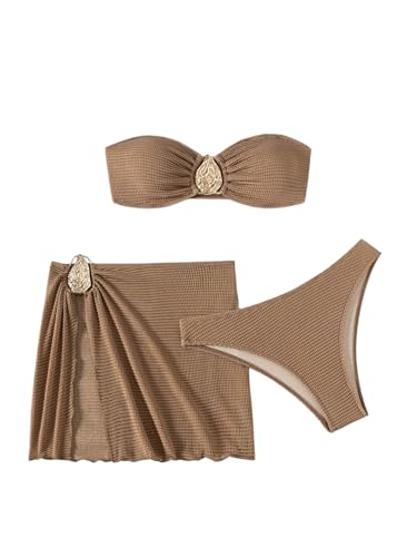 GORGLITTER Women's Strapless Swimsuits Metal Decor High Waisted Cheeky Bikini Set with Bathing Suit Cover Up Skirts