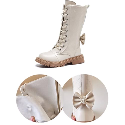 Girl's Fashion Boots Kids Girls Waterproof Lace-Up Back Zipper Knee High Leather Winter Boots Low Heel Mid Calf Combat Riding Boots Dress Princess Shoes3