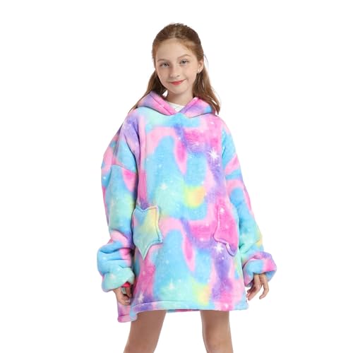 Hiluckyyy Girls Oversized Blanket Hoodie Kids Snuggle Fleece Wearable Warm Winter Blanket 6-12 Years (Colorful)