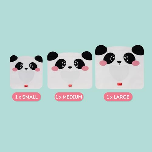 Legami - Set mit 3 Lebensmittelbeuteln, 3 verschiedene Größen S, M, L, wiederverschließbare Beutel, wiederverwendbar, spülmaschinenfest, praktische Snack-Taschen, Panda