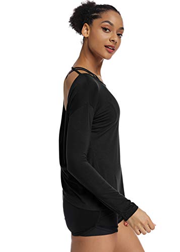 Muzniuer Women's Long Sleeve Workout Shirts Backless Yoga Shirts Cross Back Open Shirt3
